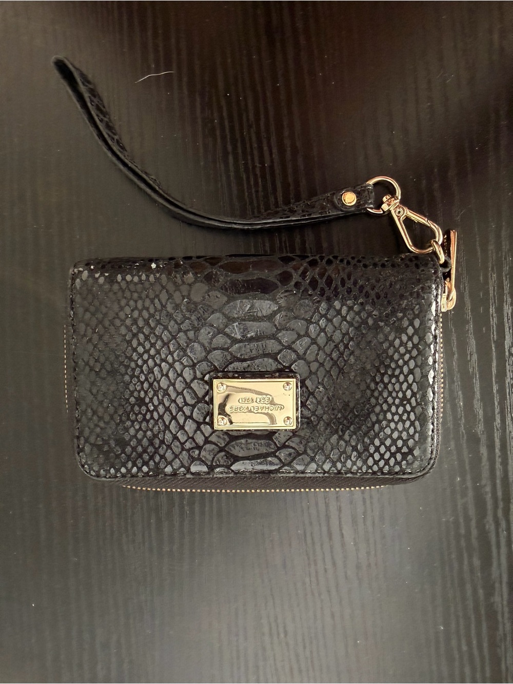 Michael Kors Black Snake-Embossed Wristlet Wallet with Gold Hardware